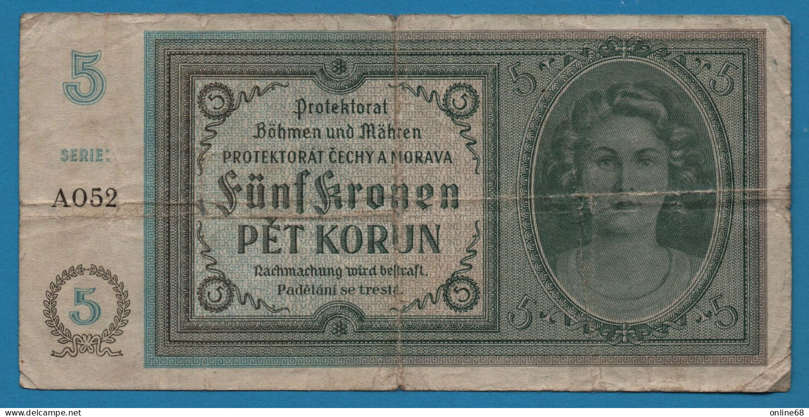 BOHEMIA & MORAVIA Protektorat Böhmen Und Mähren 5 KRONEN / KORUN ND (1940) # A052 P# 4 Protektorát Čechy A Morava - 2. WK