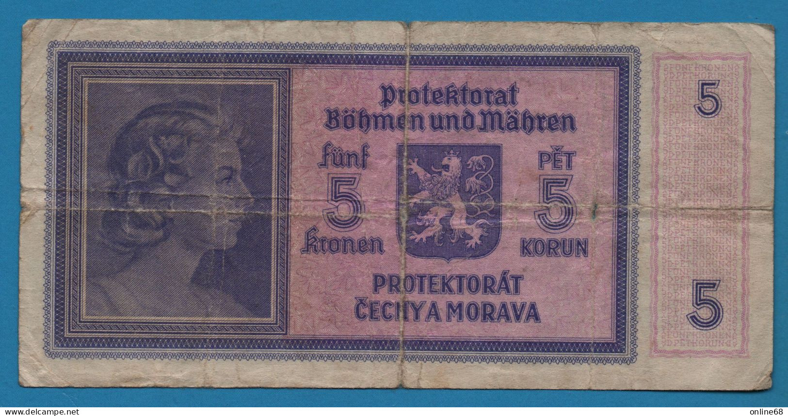 BOHEMIA & MORAVIA Protektorat Böhmen Und Mähren 5 KRONEN / KORUN ND (1940) # A052 P# 4 Protektorát Čechy A Morava - 2. WK