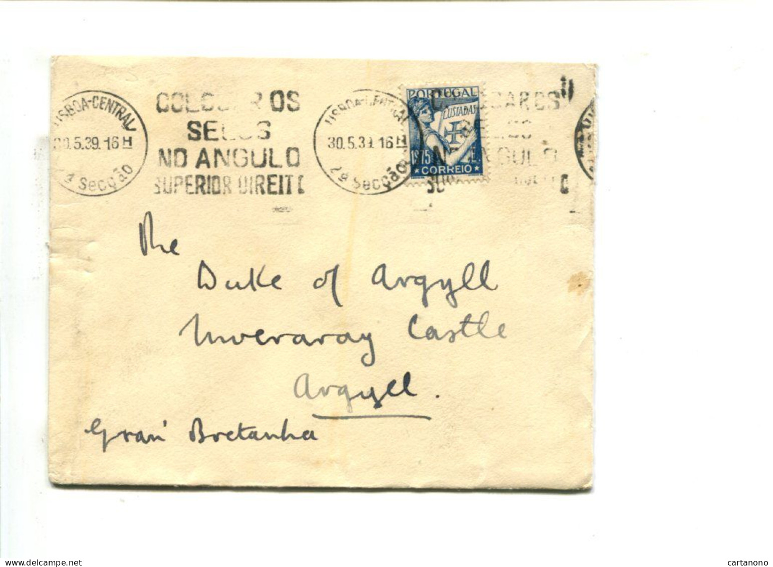 PORTUGAL 1939 - Affr. Sur Lettre Par Avion Pour L'Angleterre - Adressé Au Duke Of Argyll ( Niall Campbell ) - Lettres & Documents