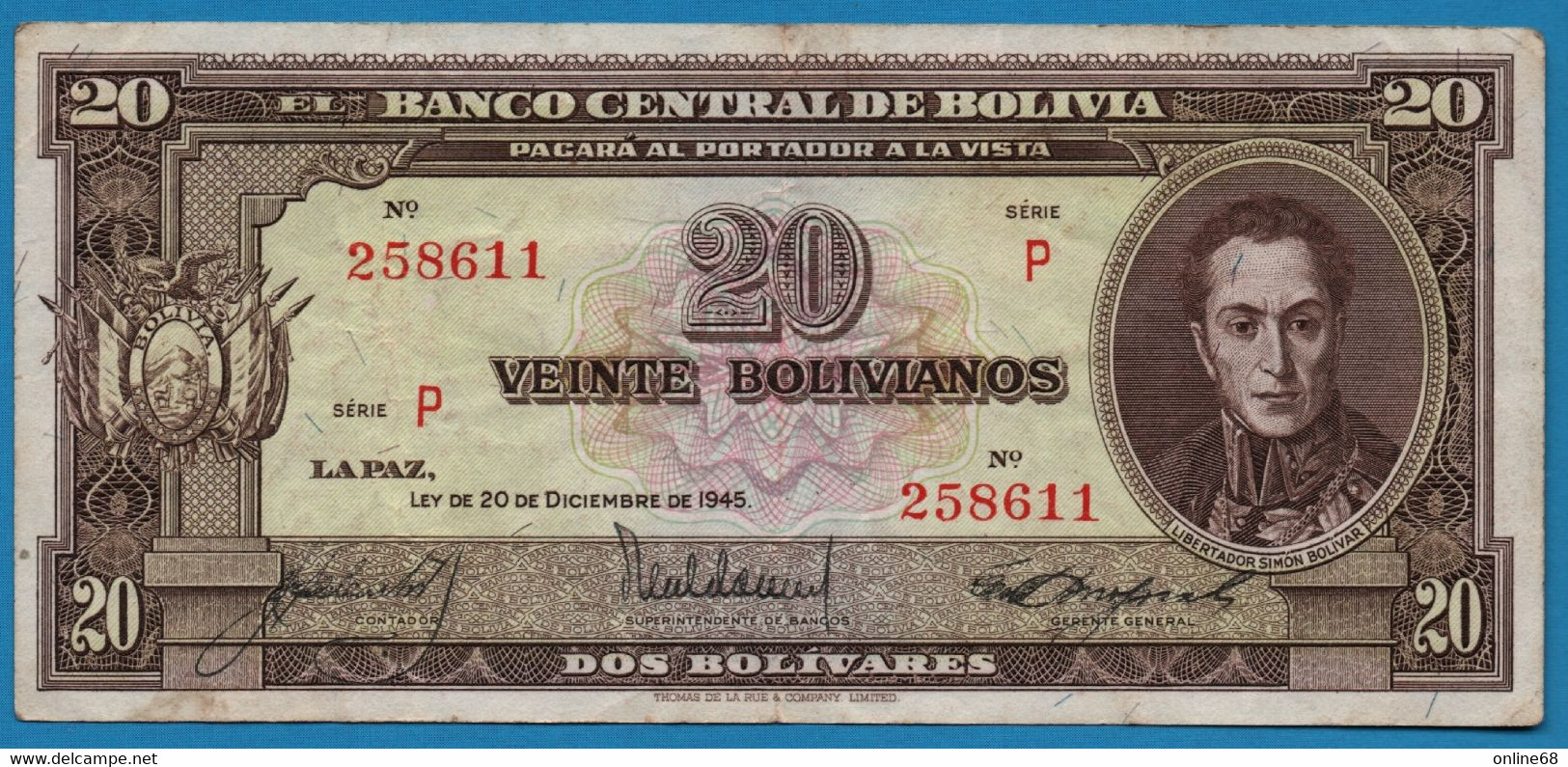 BOLIVIA 20 Bolivianos  L. 20.12.1945  # P 258611  P# 140   Simón Bolívar - Bolivië