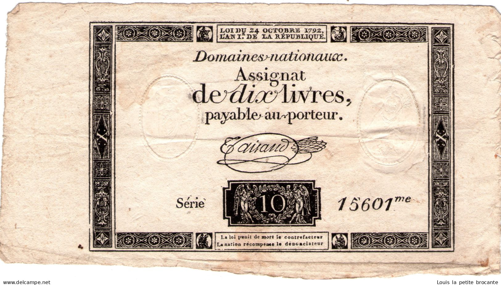 Assignat 10 Livres, 24 Octobre 1792 Type Ass.36 C , Série 15601éme,  TTB , Filigrane B (républicain) - Assegnati