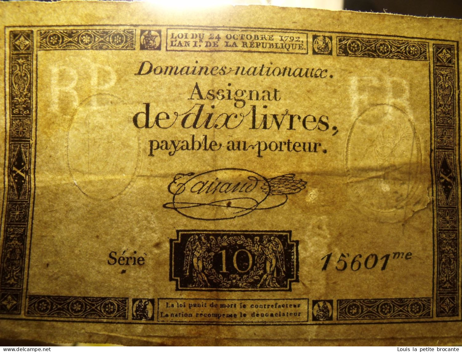 Assignat 10 Livres, 24 Octobre 1792 Type Ass.36 C , Série 15601éme,  TTB , Filigrane B (républicain) - Assegnati