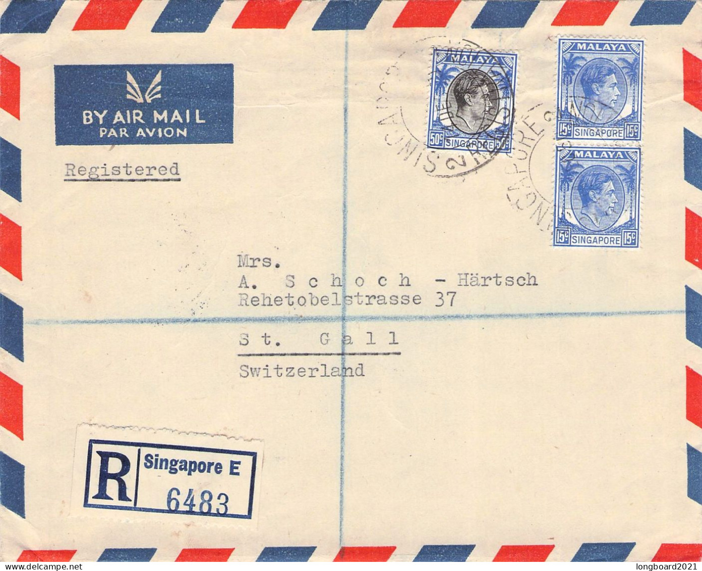 SINGAPORE - REGISTERED AIRMAIL 1950 ST. GALLEN/CH / 5157 - Singapur (...-1959)