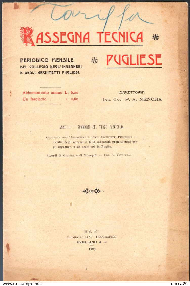 RIVISTA DEL 1903 - RASSEGNA TECNICA PUGLIESE - PORTALE DEL MONASTERO DI S.STEFANO IN MONOPOLI - BARI (STAMP329) - Wetenschappelijke Teksten