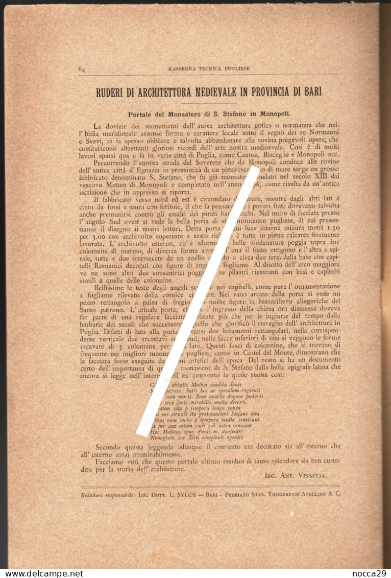 RIVISTA DEL 1903 - RASSEGNA TECNICA PUGLIESE - PORTALE DEL MONASTERO DI S.STEFANO IN MONOPOLI - BARI (STAMP329) - Textos Científicos