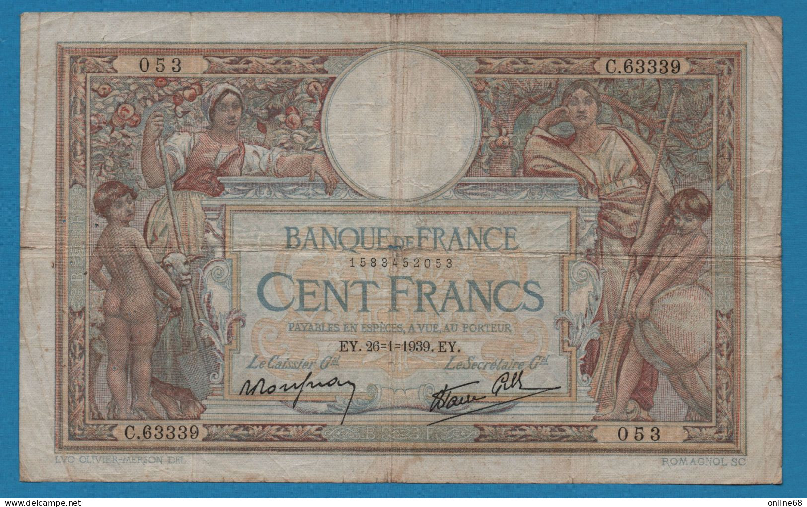 FRANCE 100 FRANCS 26.01.1939 # C.63339 F#25/40, P#86b Luc Olivier Merson - 100 F 1908-1939 ''Luc Olivier Merson''