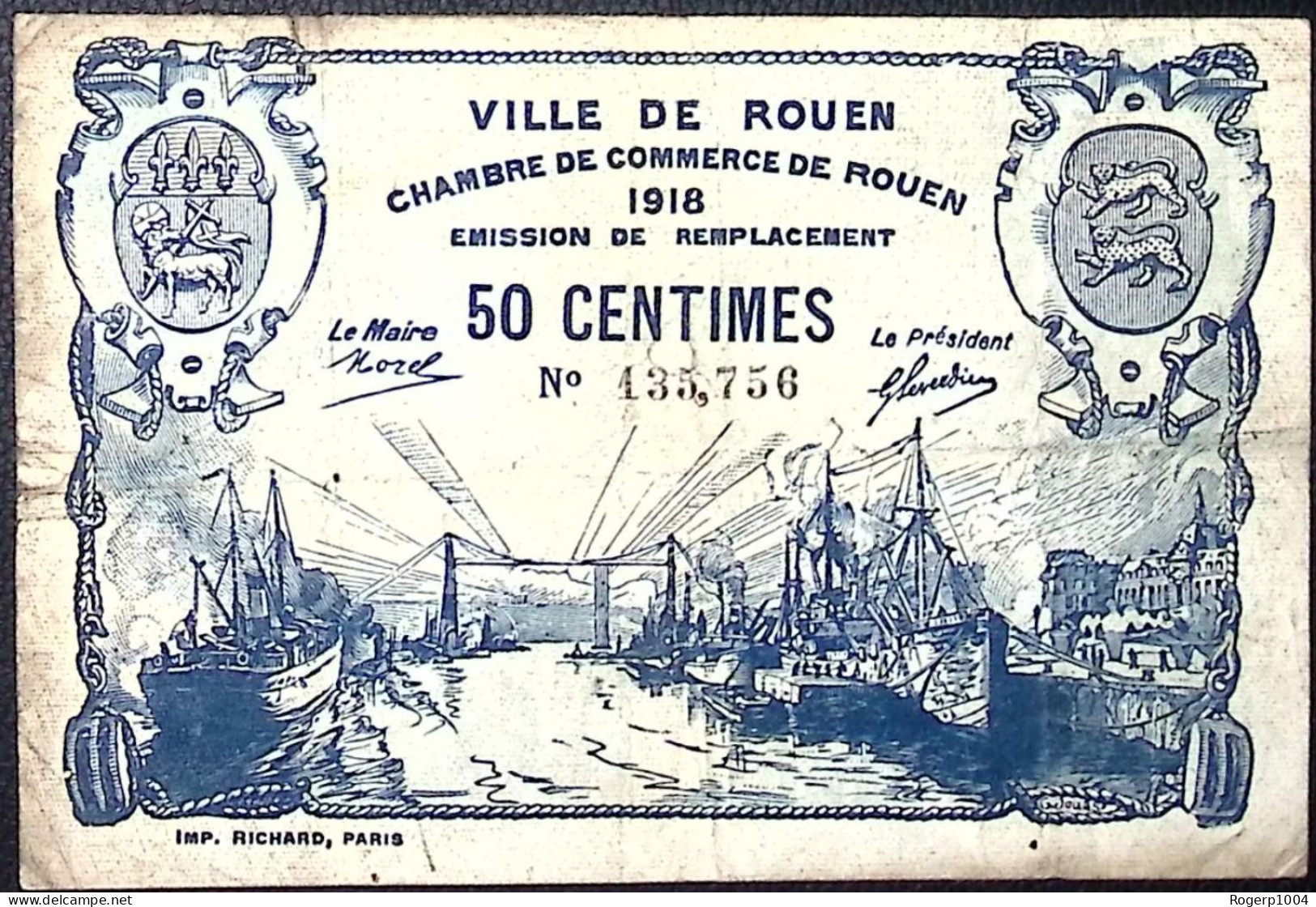 FRANCE * 50 Centimes * Chambre De Commerce De Rouen *  1918 * Etat/Grade B/VG - Bons & Nécessité