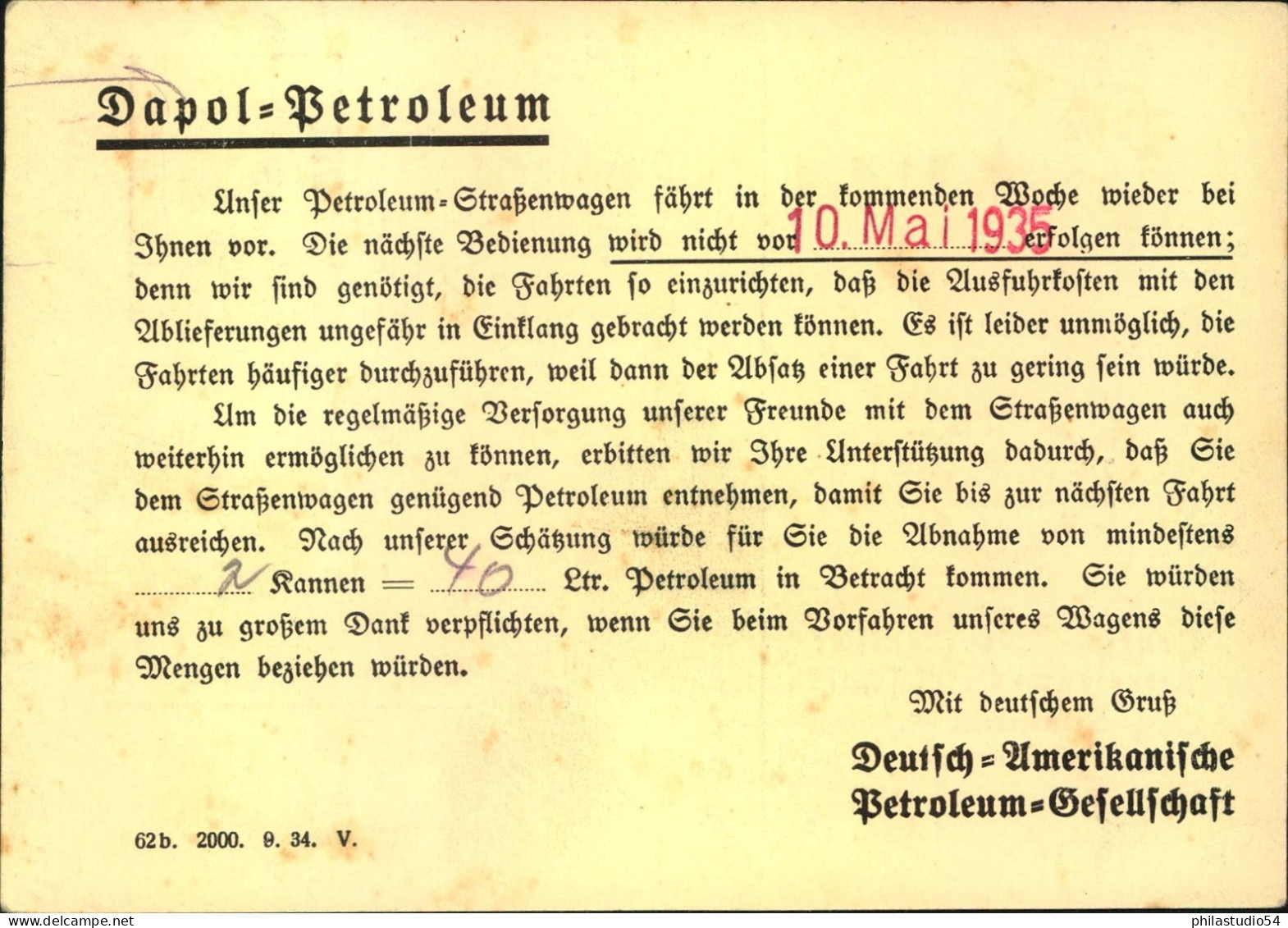 1935, Werbe Drucksachenkarte Mit 3 Pf. Absenderfreistempel Der "ESSO" - Storia Postale