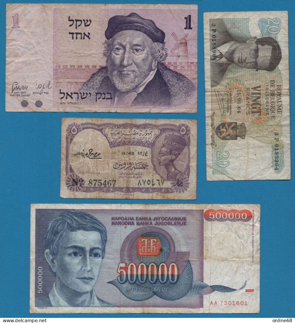 LOT BILLETS 4 BANKNOTES: ISRAEL - BELGIQUE - EGYPT - YUGOSLAVIA - Mezclas - Billetes