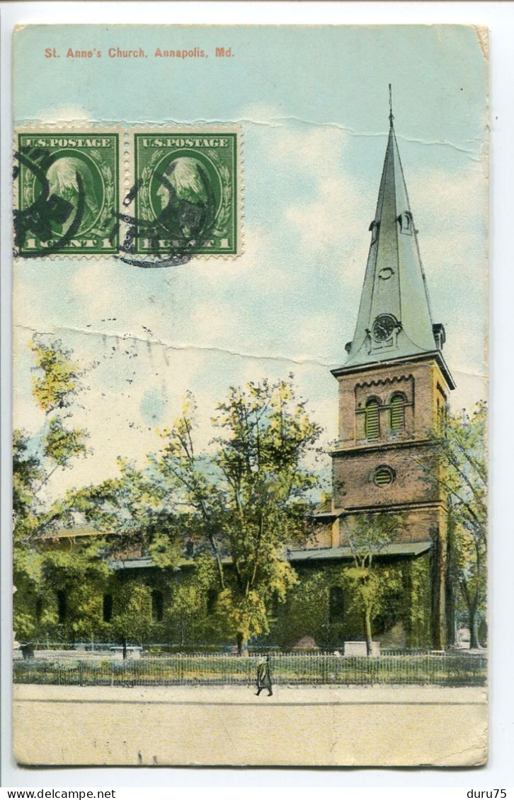 Paire Horizontale Washington George 1 Cent Vert 1912 . Oblitéré 1914 . Sur Carte St Anne's Church Annapolis - 1901-20