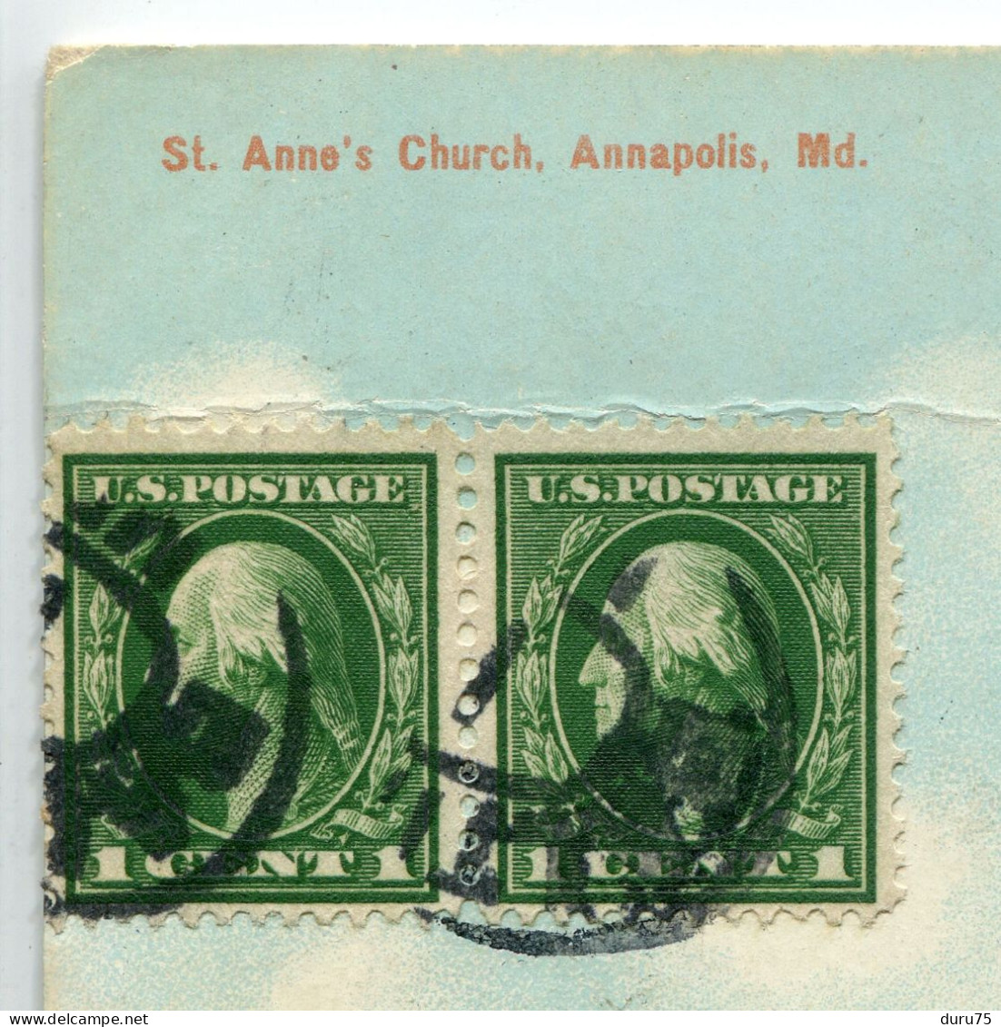 Paire Horizontale Washington George 1 Cent Vert 1912 . Oblitéré 1914 . Sur Carte St Anne's Church Annapolis - 1901-20