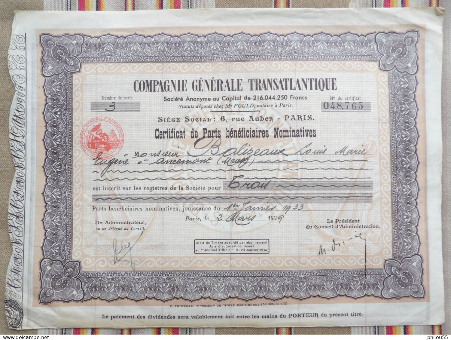 55 ANCEMONT Certificat De Parts Beneficiaires Nominatives COMPAGNIE GENERALE TRANSATLANTIQUE 1933 - Scheepsverkeer