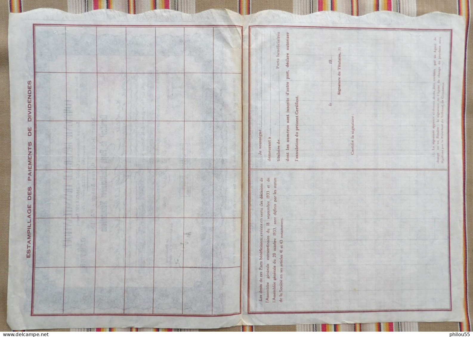 55 ANCEMONT Certificat De Parts Beneficiaires Nominatives COMPAGNIE GENERALE TRANSATLANTIQUE 1933 - Navegación