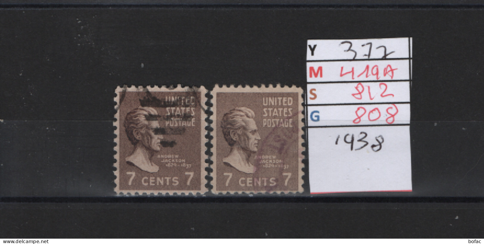 PRIX FIXE Obl  377 YT 419A MIC 812 SCO 808 GIB Andrew Jackson 1938 58A/02 2 Teintes - Used Stamps