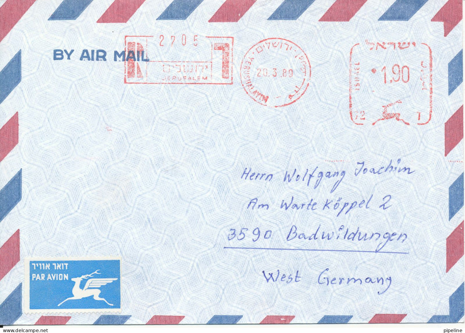 Israel Registered Air Mail Cover With Meter Cancel Sent To Germany Jerusalem 20-3-1989 - Aéreo