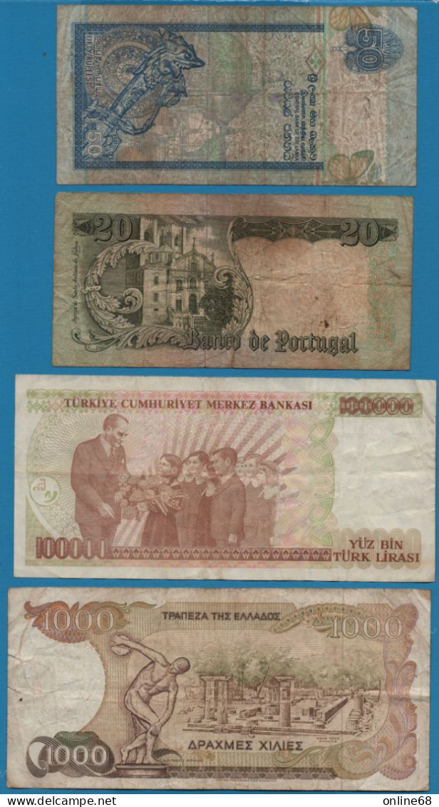 LOT BILLETS 4 BANKNOTES: GREECE - TURKEY - PORTUGAL - SRI LANKA - Vrac - Billets