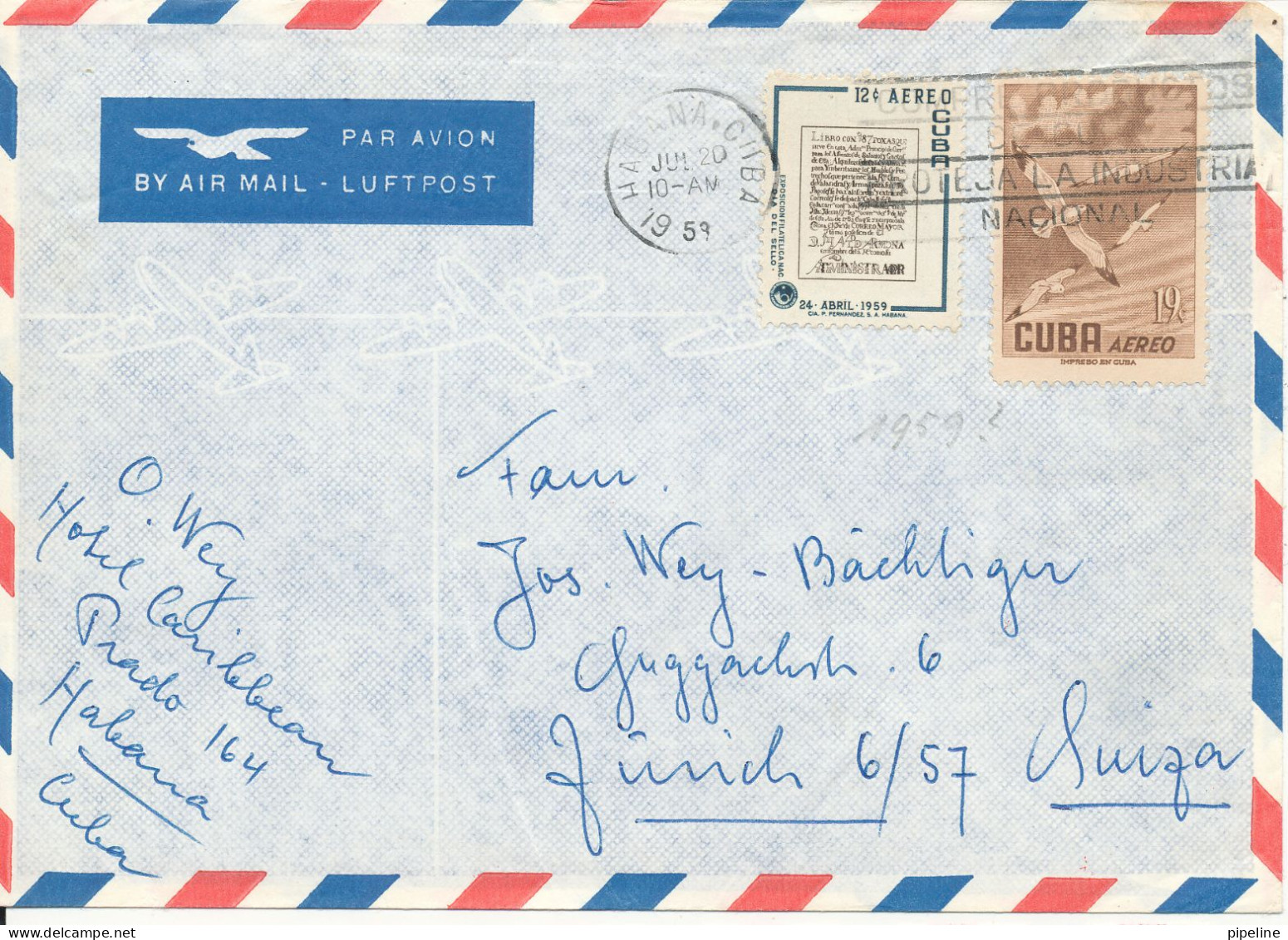 Cuba Air Mail Cover Sent To Switzerland 20-7-1959 Topic Stamps - Aéreo