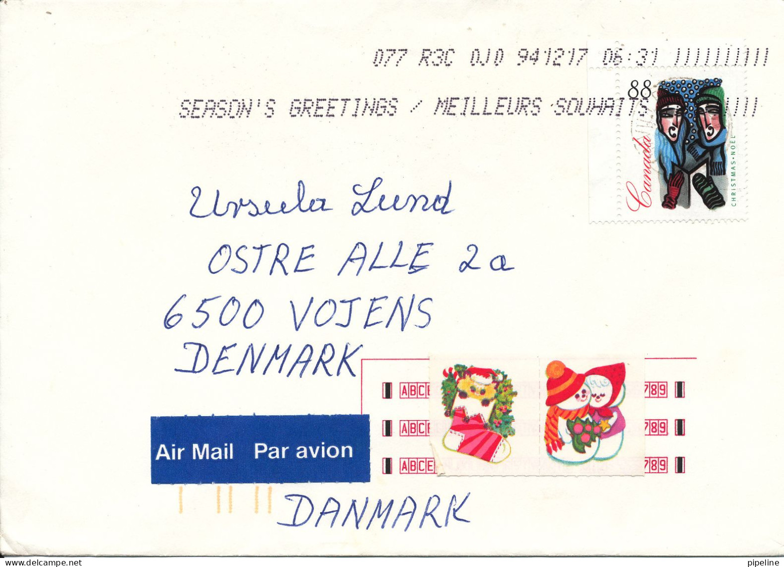 Canada Cover Sent Air Mail To Denmark 17-12-1994 Single Franked Christmas Stamp - Cartas & Documentos