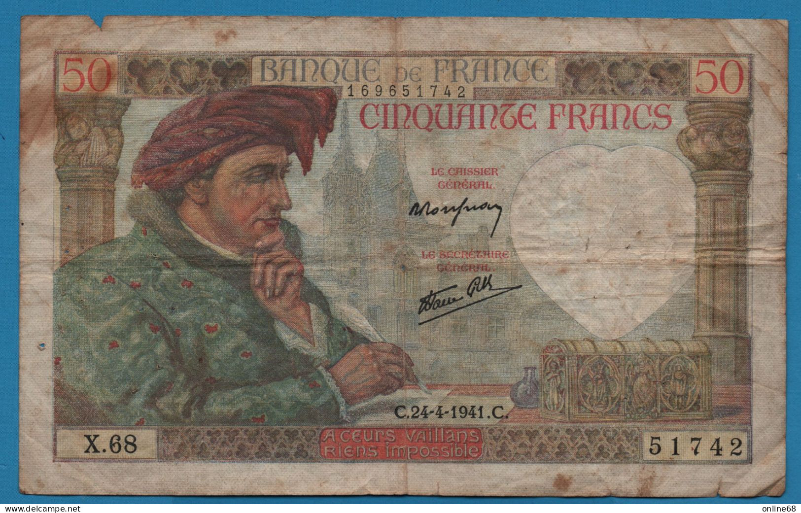 FRANCE 50 FRANCS 24.04.1941 # X.68 F# 19/9 Jacques Coeur' - 50 F 1940-1942 ''Jacques Coeur''