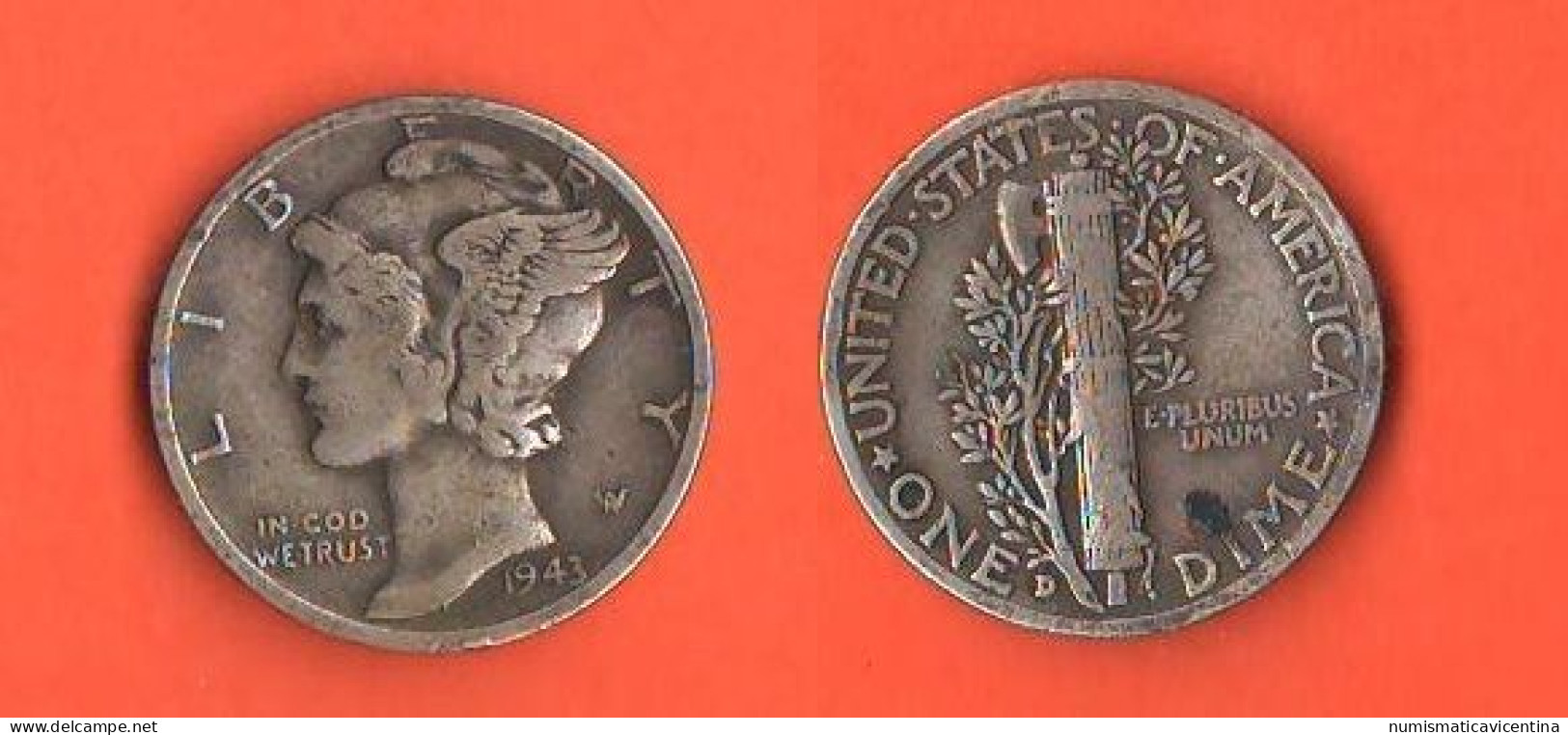 America Dime 1943 D USA 10 Cents Mercury America XXX Silver Coin - 1916-1945: Mercury