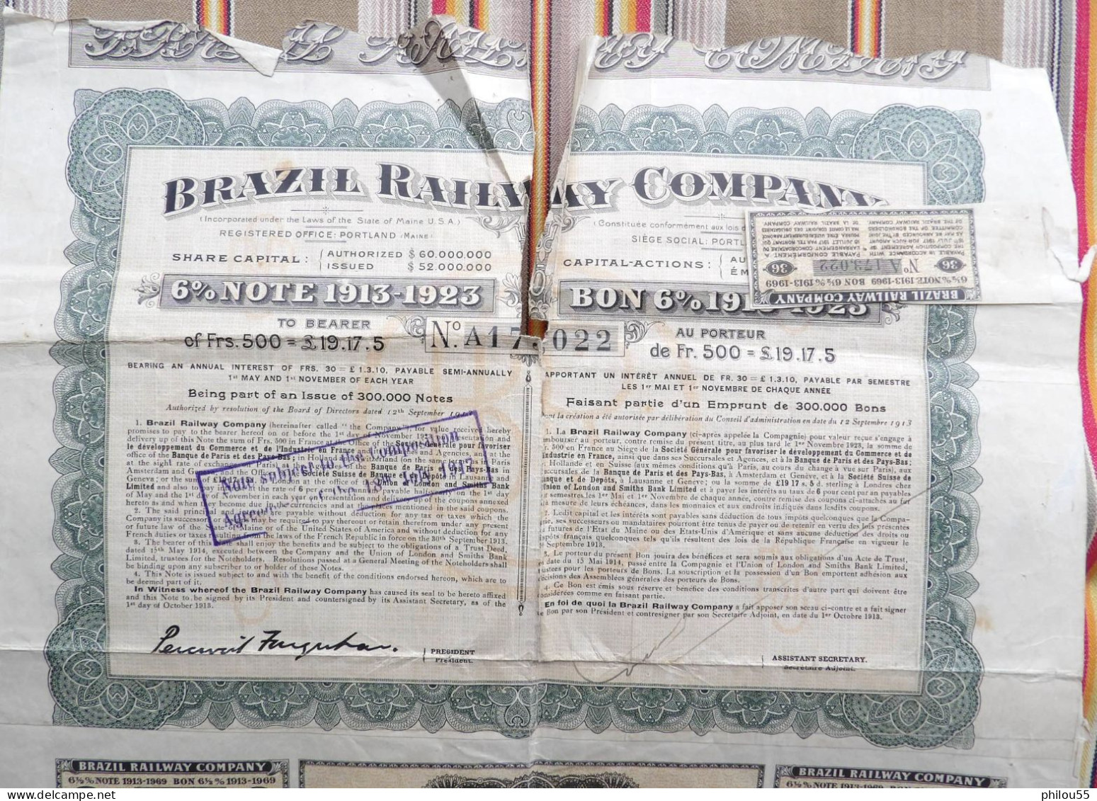 BRAZIL RAILWAY COMPANY BON 6% 1913-1923 - Chemin De Fer & Tramway