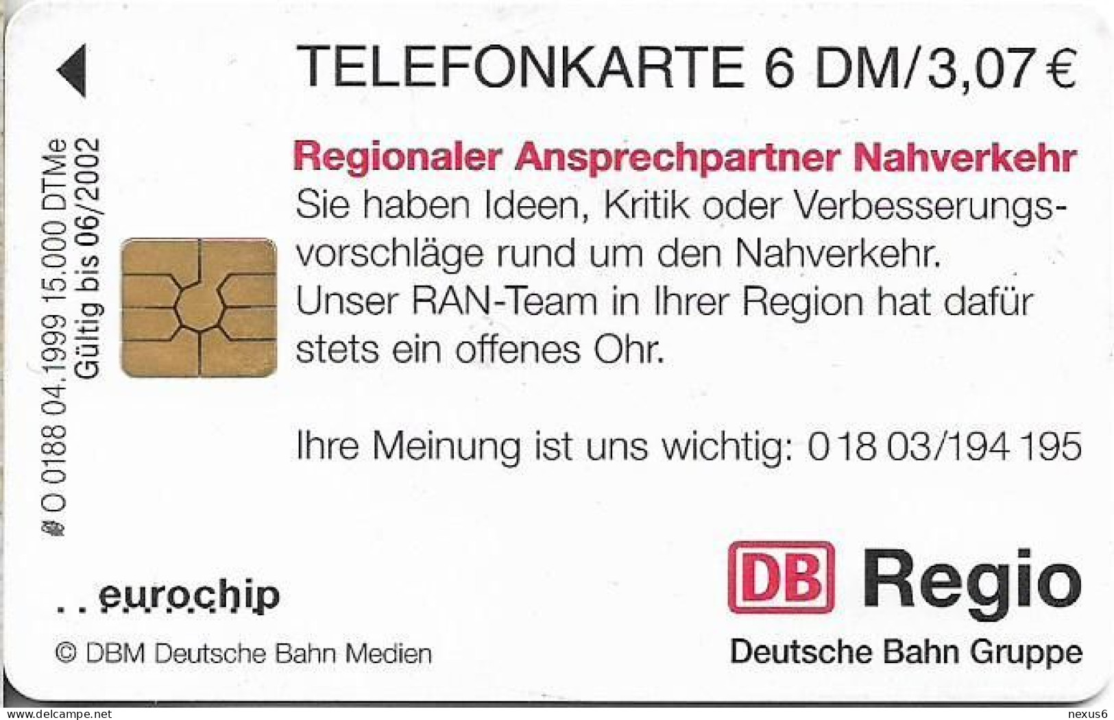 Germany - Deutsche Bahn - Regionaler Ansprechpartner Nahverkehr - O 0188 - 04.1999, 6DM, 15.000ex, Used - O-Series: Kundenserie Vom Sammlerservice Ausgeschlossen