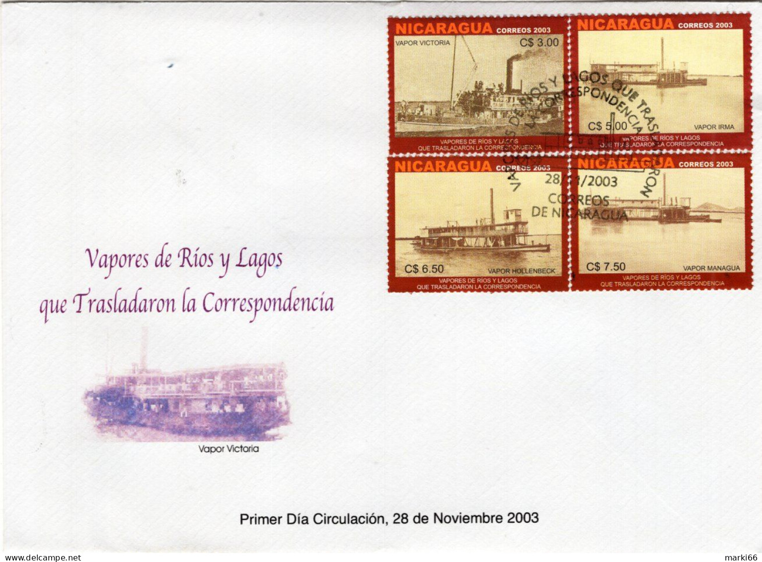 Nicaragua - 2003 - Steam Boats On Rivers And Lakes - FDC (first Day Cover) - Nicaragua