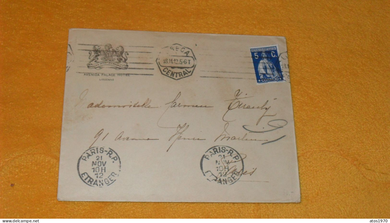 ENVELOPPE ANCIENNE DE 1912../ COMPAGNIE INTERle DES WAGONS LITS LISBONNE..CACHETS LISBOA POUR PARIS + TIMBRE - Lettres & Documents