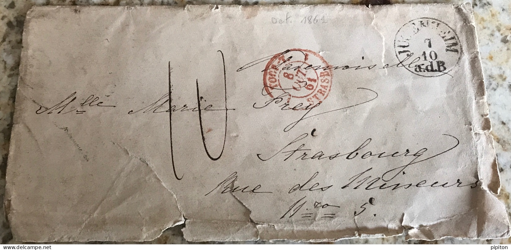 Lettre Jugenheim 1861 Taxe Manuscrite 10c Cachet Rouge Strasbourg - Andere & Zonder Classificatie