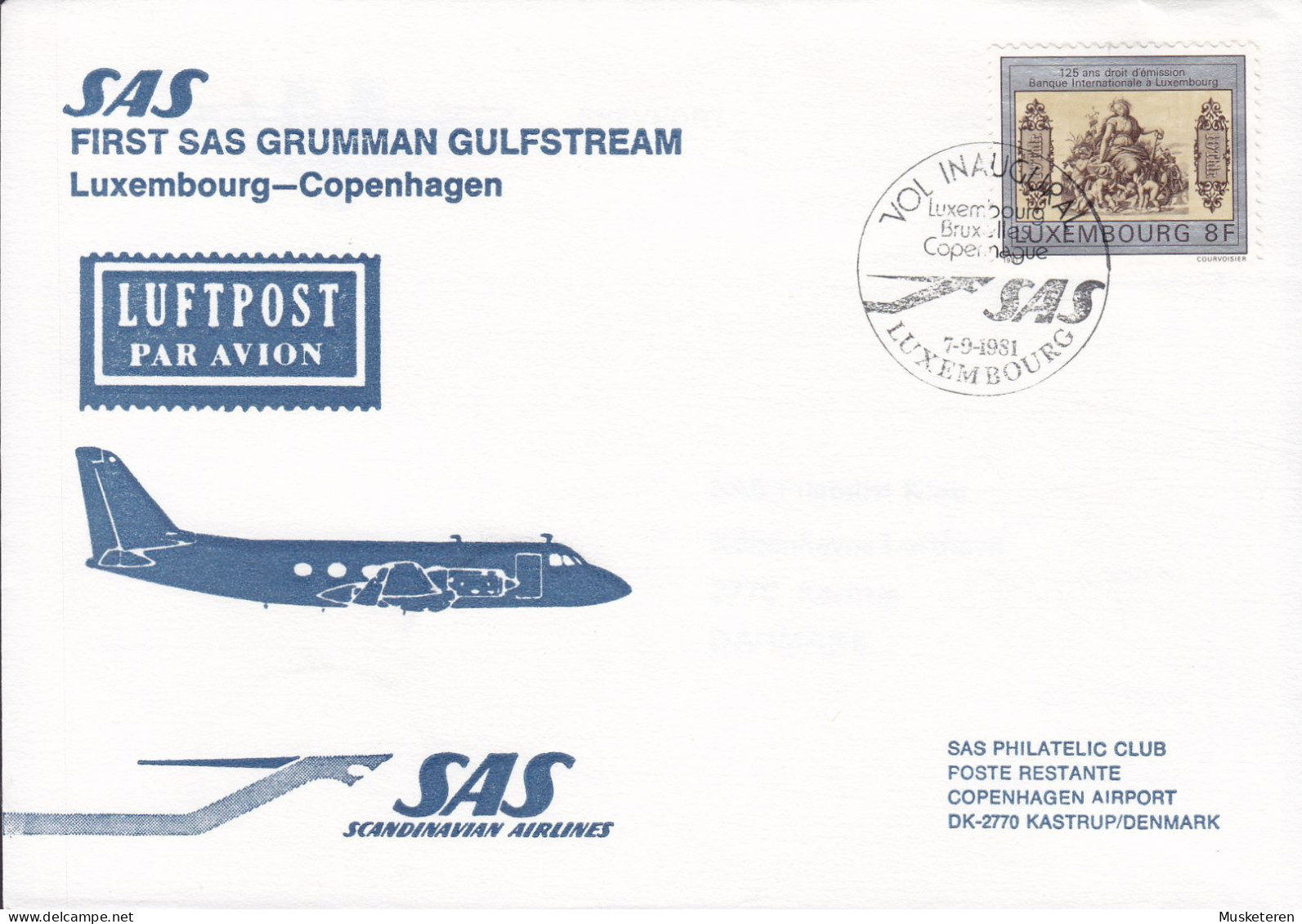 Luxembourg First SAS Grumman Golfstream Flight LUXEMBOURG-COPENHAGEN 1981 Cover Brief Lettre KØBENHAVN PTM. (Arr.) - Storia Postale