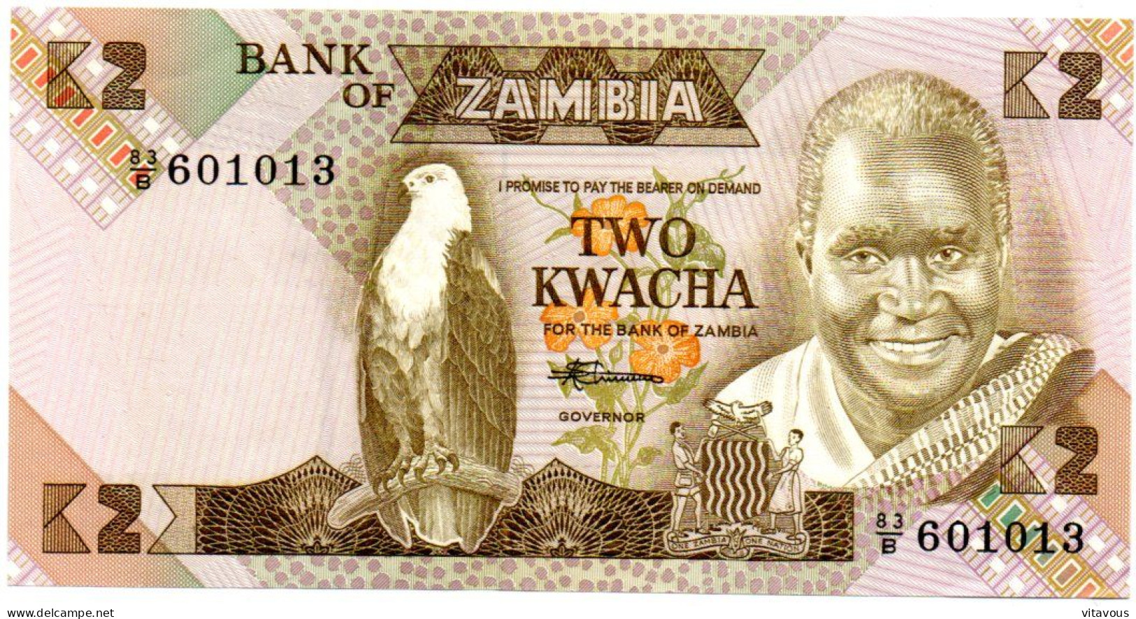 Aigle Eagle Zambie Zambia Billet Banque 2 Kwacha Bank-note Banknote Aigle - Zambia