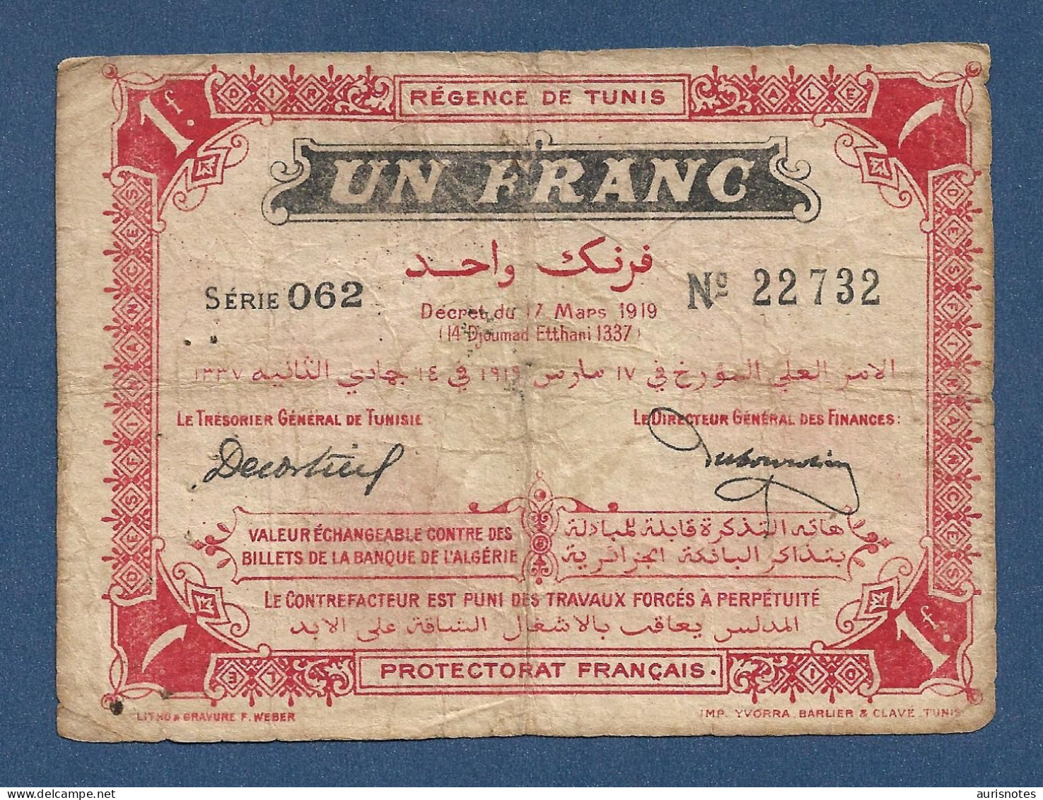 Tunisia 1 Franc 1919 P46 Fine+ - Tusesië