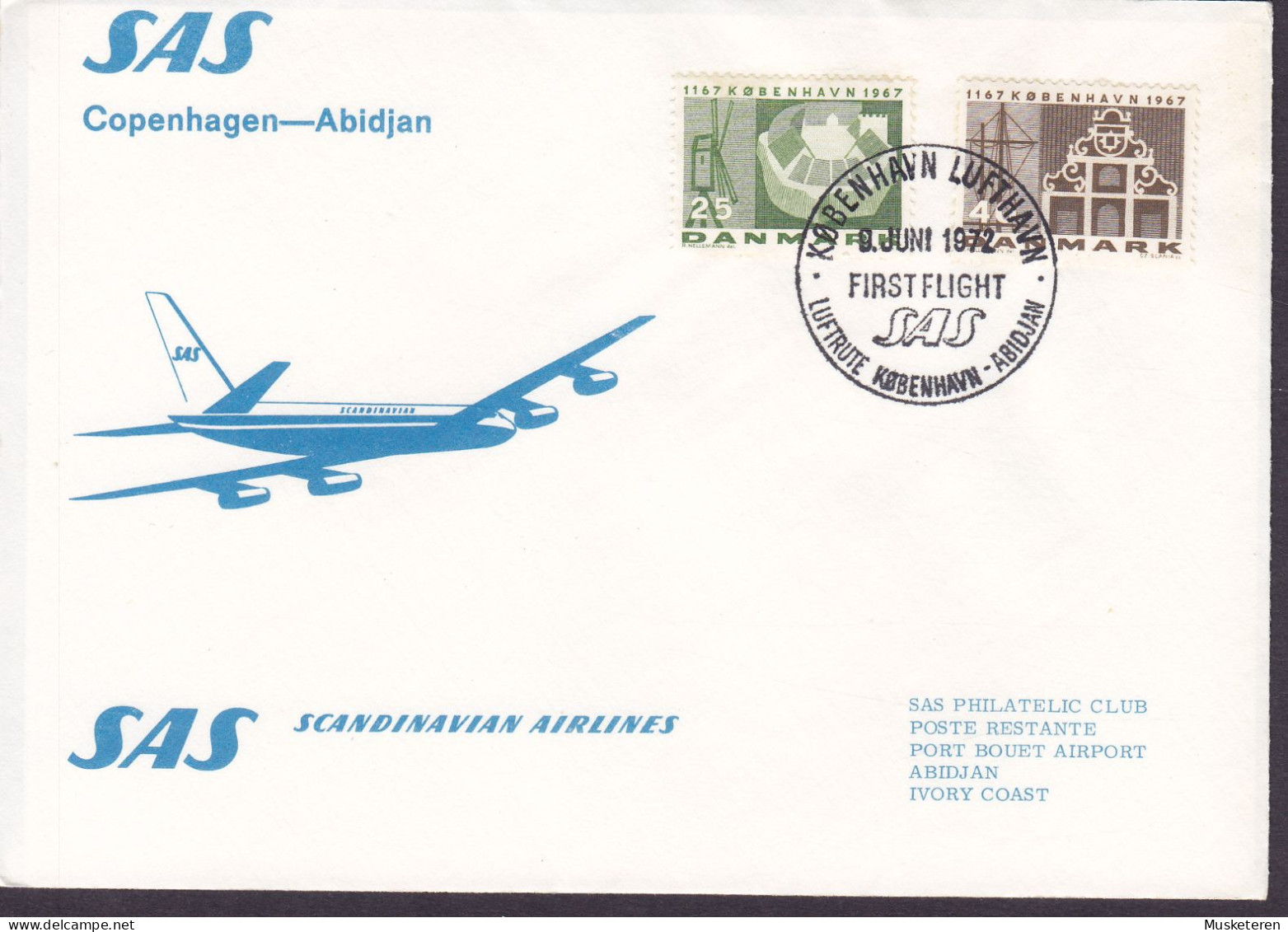 Denmark SAS First Flight COPENHAGEN-ABIDJAN 1972 Cover Brief Lettre ABIDJAN AVIATION Cote D'Ivoire (Arr.) (Cz. Slania) - Luftpost