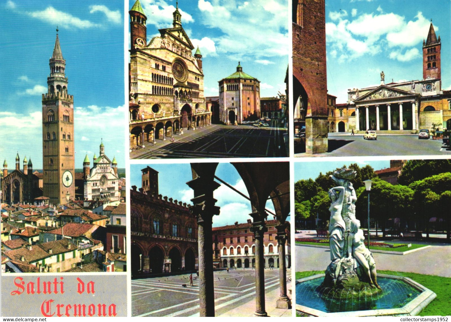 CREMONA, LOMBARDIA, MULTIPLE VIEWS, TOWER, FOUNTAIN, STATUE, CARS, ARCHITECTURE, ITALY, POSTCARD - Cremona