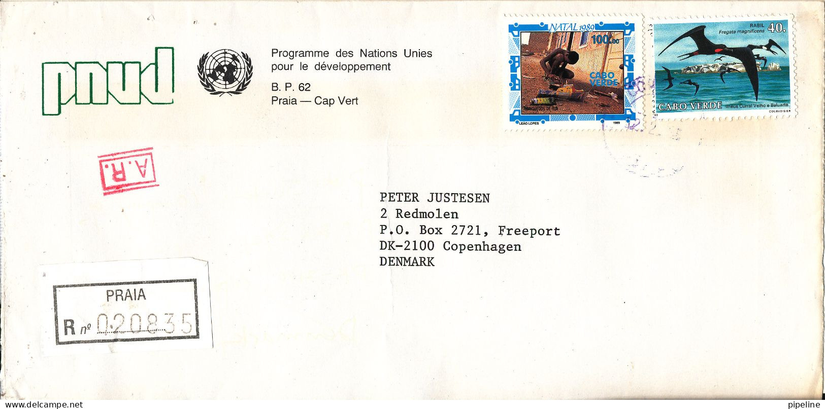 Cape Verde Registered Cover Sent To Denmark The BIRD Stamp Is Damaged (UN Development Programme Praria) - Cape Verde