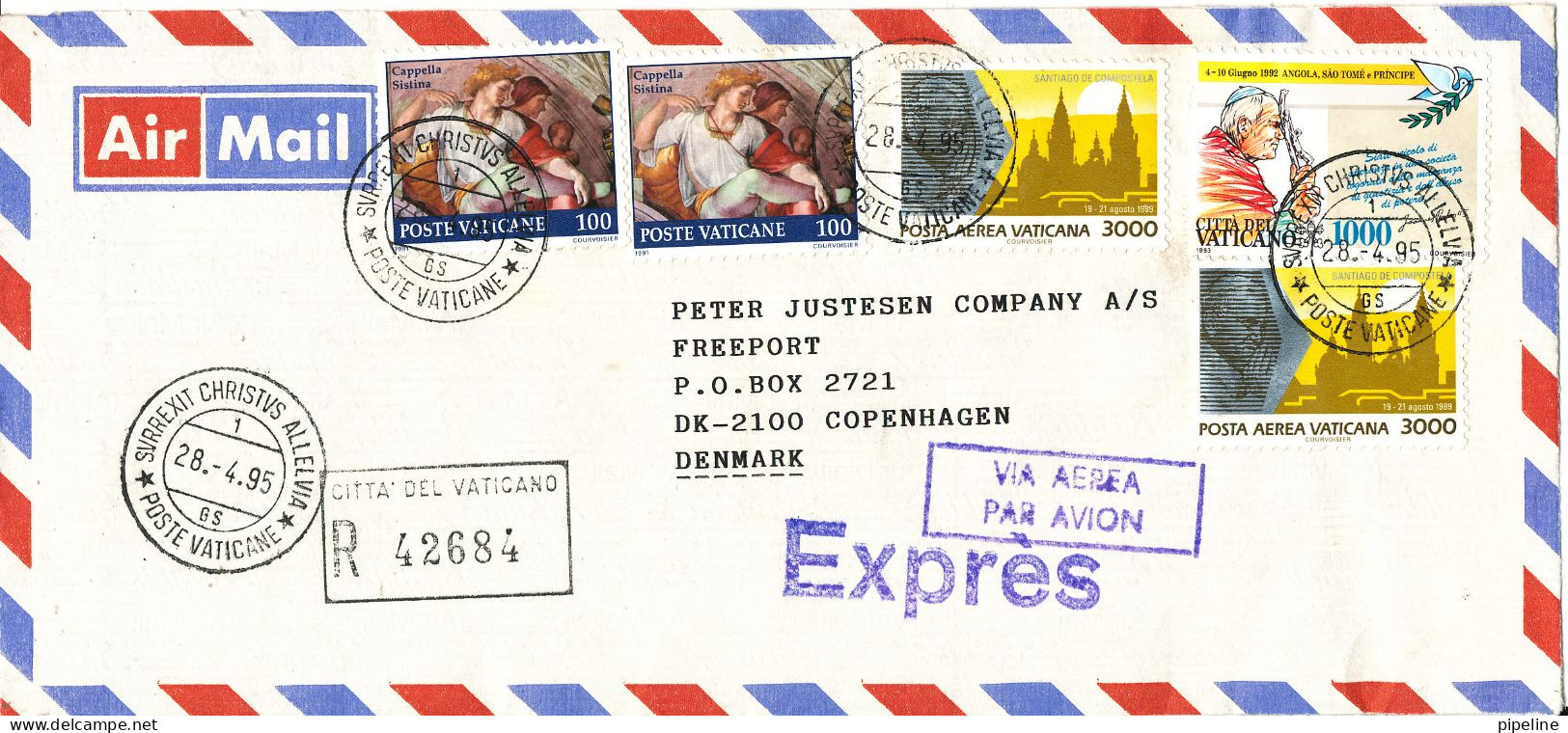 Vatican Registered Air Mail Cover Sent Express To Denmark 28-4-1995 Topic Stamps - Poste Aérienne