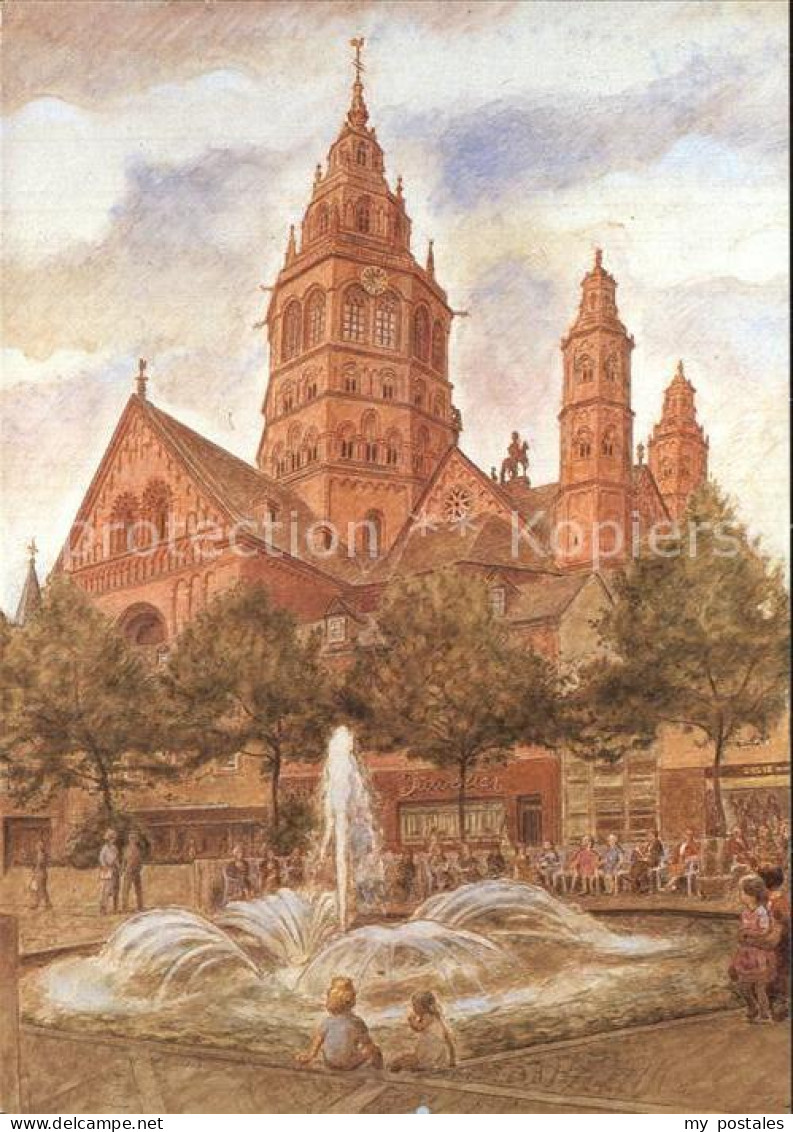 72547491 Mainz Rhein Wasserspiele Am Markt Mit Domblick Kuenstlerkarte Mainz Rhe - Mainz