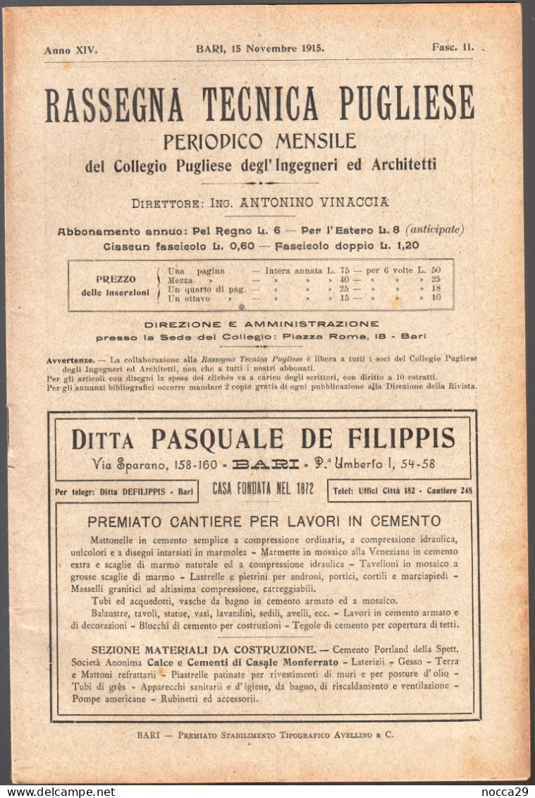 RIVISTA DEL 1915 - RASSEGNA TECNICA PUGLIESE - FERROVIA BARI GRUMO ATENA - PUBBL. OFFICINE DI SAVIGLIANO (STAMP330) - Scientific Texts