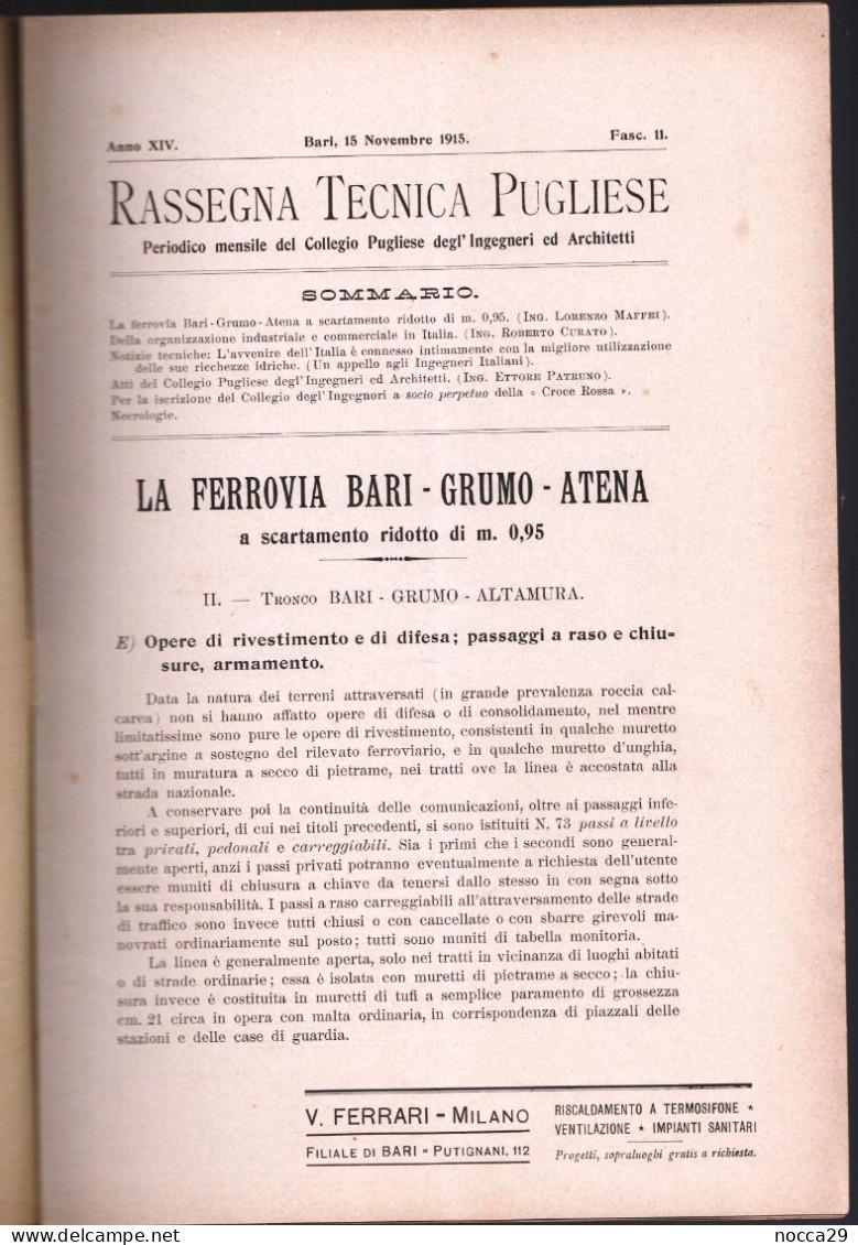 RIVISTA DEL 1915 - RASSEGNA TECNICA PUGLIESE - FERROVIA BARI GRUMO ATENA - PUBBL. OFFICINE DI SAVIGLIANO (STAMP330) - Scientific Texts