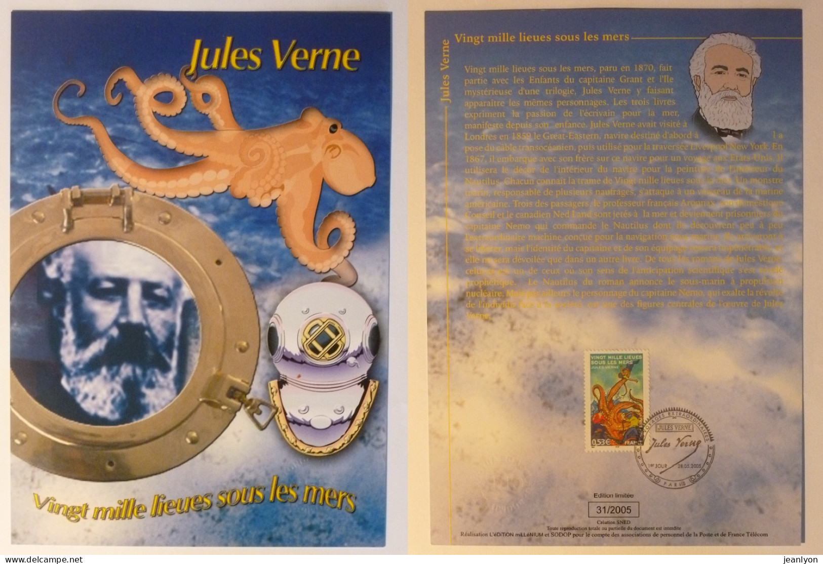 JULES VERNE - Vingt Mille Lieux Sous Les Mers - Casque Plongée - Document Philatélique Avec Timbre Et Cachet 1er Jour - Duiken