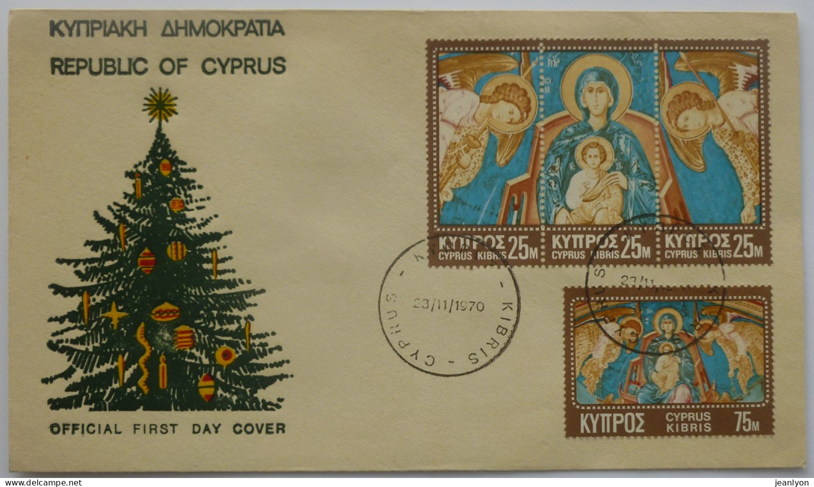 RELIGION / Scène Religieuse Avec Anges - Illustration Enveloppe Sapin Noel - Enveloppe 1er Jour Chypre Avec 4 Timbres - Cristianismo