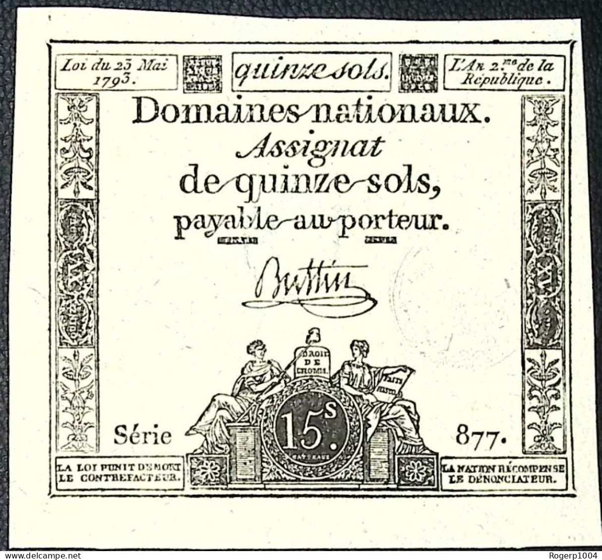 FRANCE * Assignat De 15 Sols * Loi 23 Mai 1793 * Série 877 * MM 29/LAF166 * Etat/Grade NEUF/UNC - Assignate