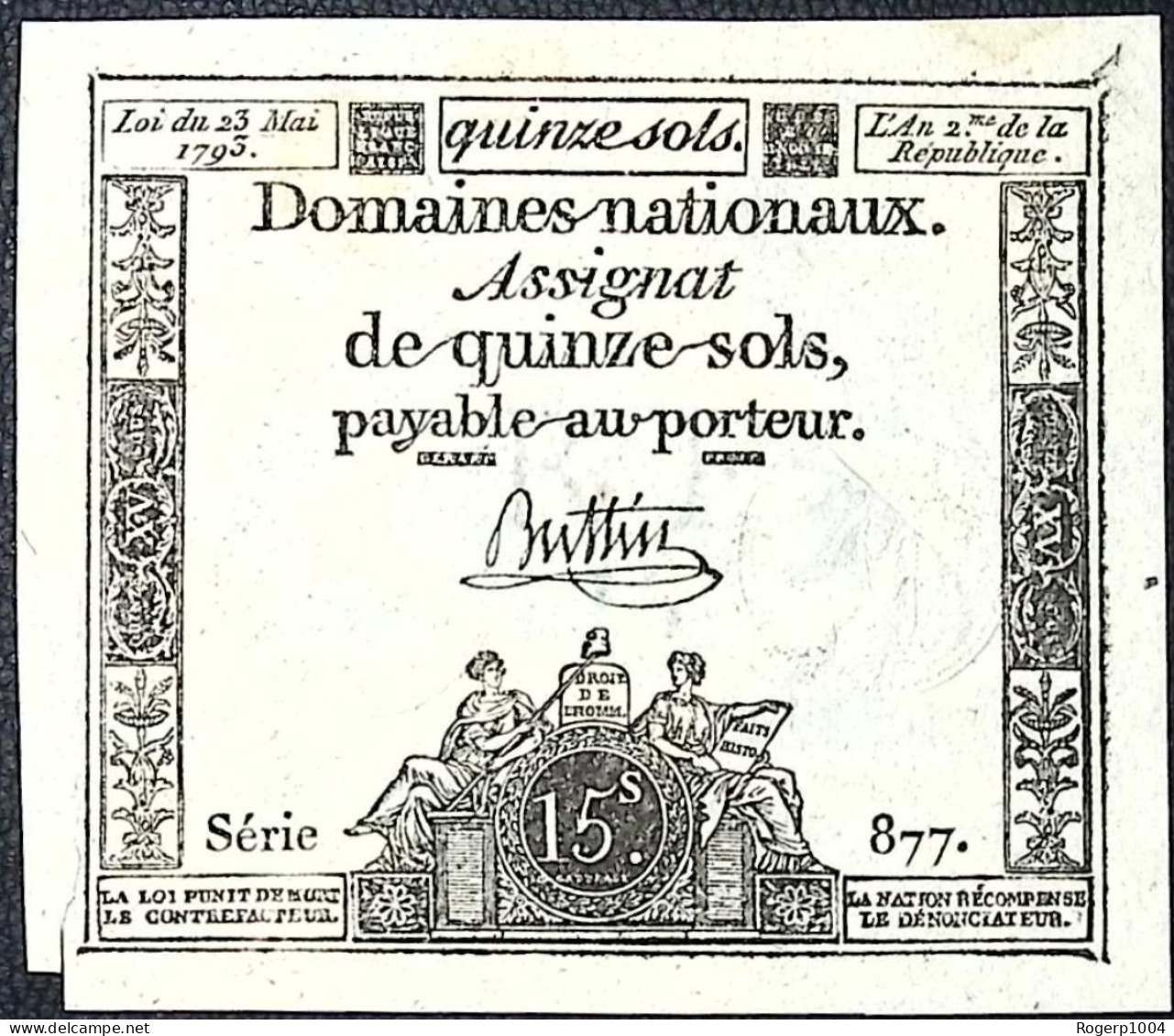 FRANCE * Assignat De 15 Sols * Loi 23 Mai 1793 * Série 877 * MM 29/LAF166 * Etat/Grade SUP+/XXF - Assignats