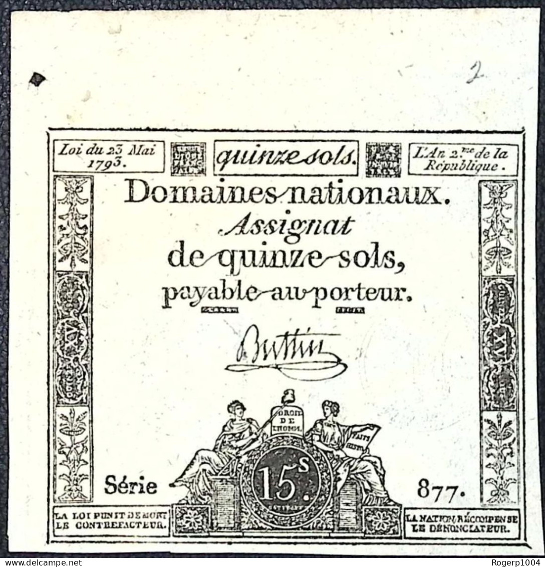 FRANCE * Assignat De 15 Sols * Loi 23 Mai 1793 * Série 877 * MM 29/LAF166 * Etat/Grade SPL/aUNC - Assignats