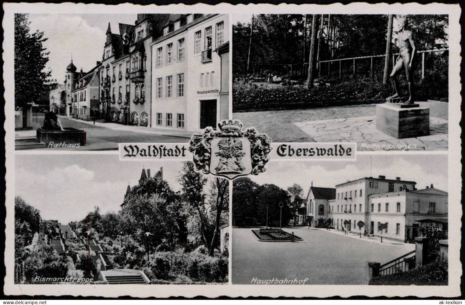 Ansichtskarte Eberswalde 4 Bild: Bahnhof, Denkmal, Bismarcktreppe 1941 - Eberswalde