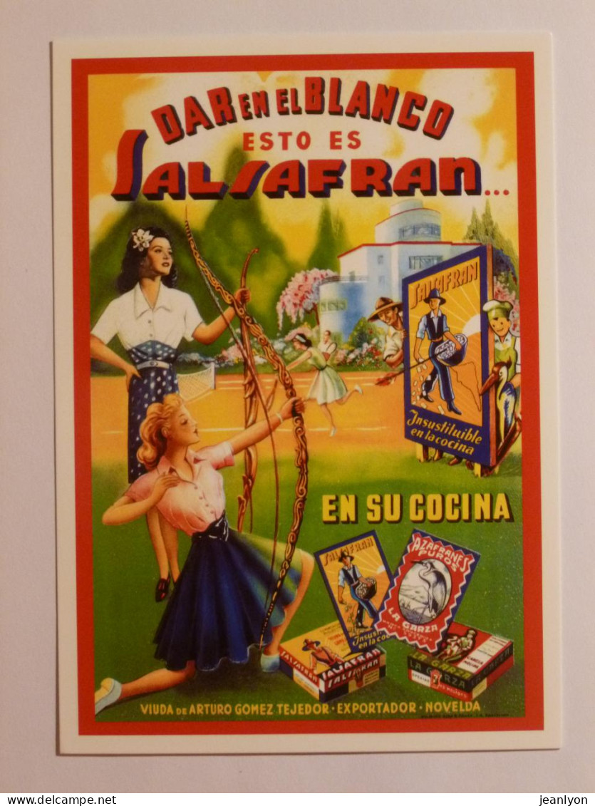 TIR A L'ARC - Femme - Salsafran - Carte Publicitaire Moderne Espagnole Reproduisant Affiche Ancienne - Tir à L'Arc