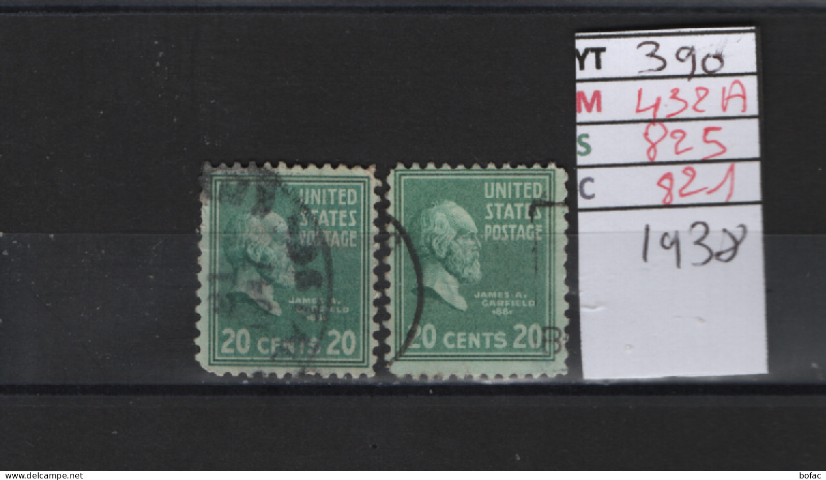 PRIX FIXE Obl 390 YT 432A MIC 825 SCO 821 GIB James Garfield 1938 Etats Unis 58A/02   2 Teintes - Used Stamps