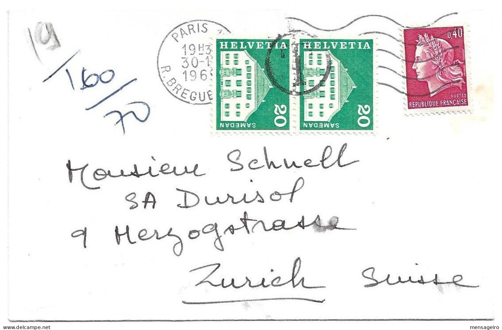 (C14) - Y&T N° 1536B - LETTRE PARIS => SUISSE 1969 - TAXE SUISSE PAR TP SERIE MONUMENTS ZUM N° 415 X2 - 1967-1970 Marianne De Cheffer