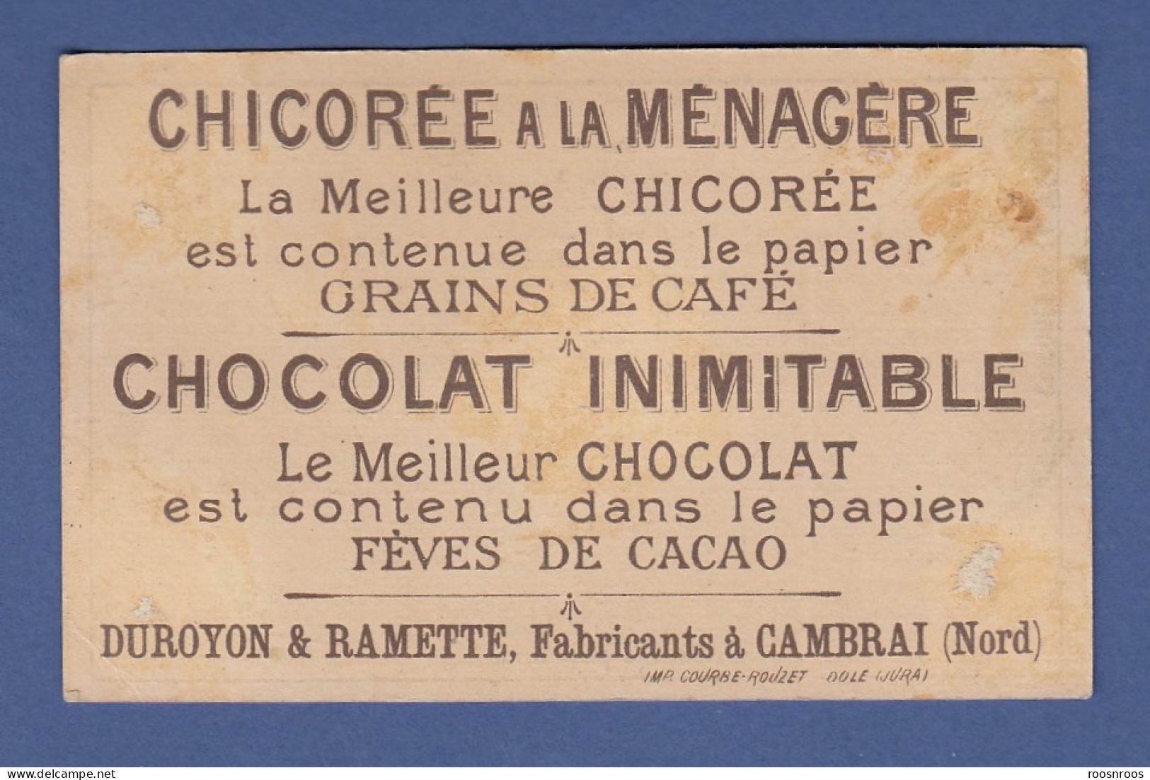 CHROMO CHOCOLAT DUROYON ET RAMETTE - CHICOREE LA MENAGERE - AVANT LA PLAIDOIRIE - Duroyon & Ramette