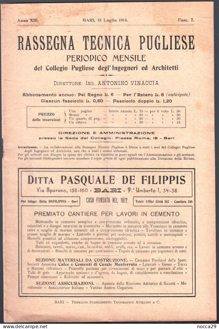 RIVISTA 1914 RASSEGNA TECNICA PUGLIESE - ACQUEDOTTO PUGLIESE PUBBL. OFFICINE DI SAVIGLIANO - ELENCO INGEGNERI (STAMP331) - Scientific Texts